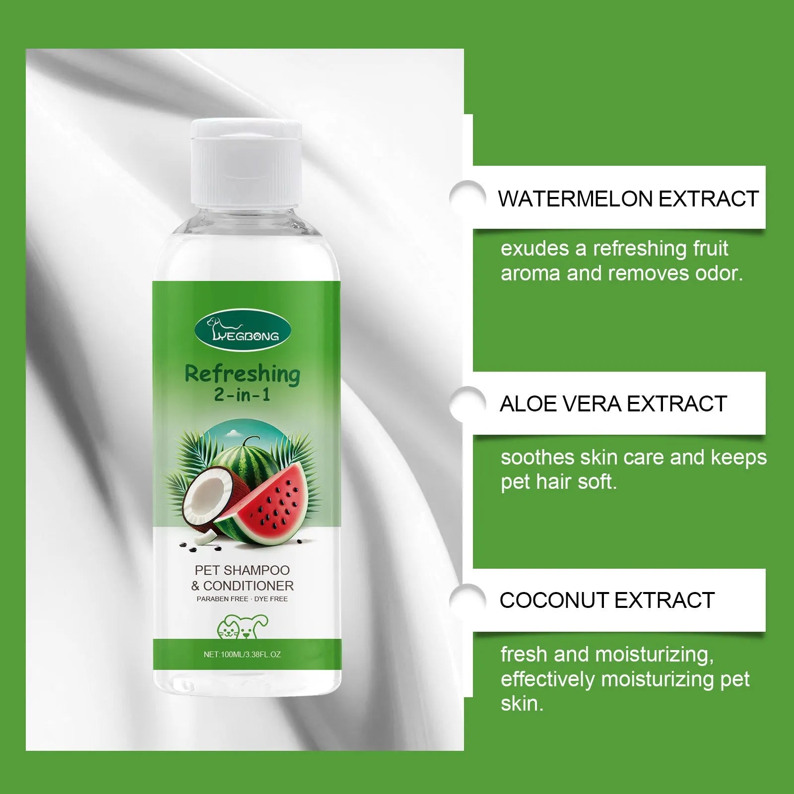 100ml bottle of 2-in-1 pet shampoo and shower gel with coconut extract, measuring 3.8cm wide.