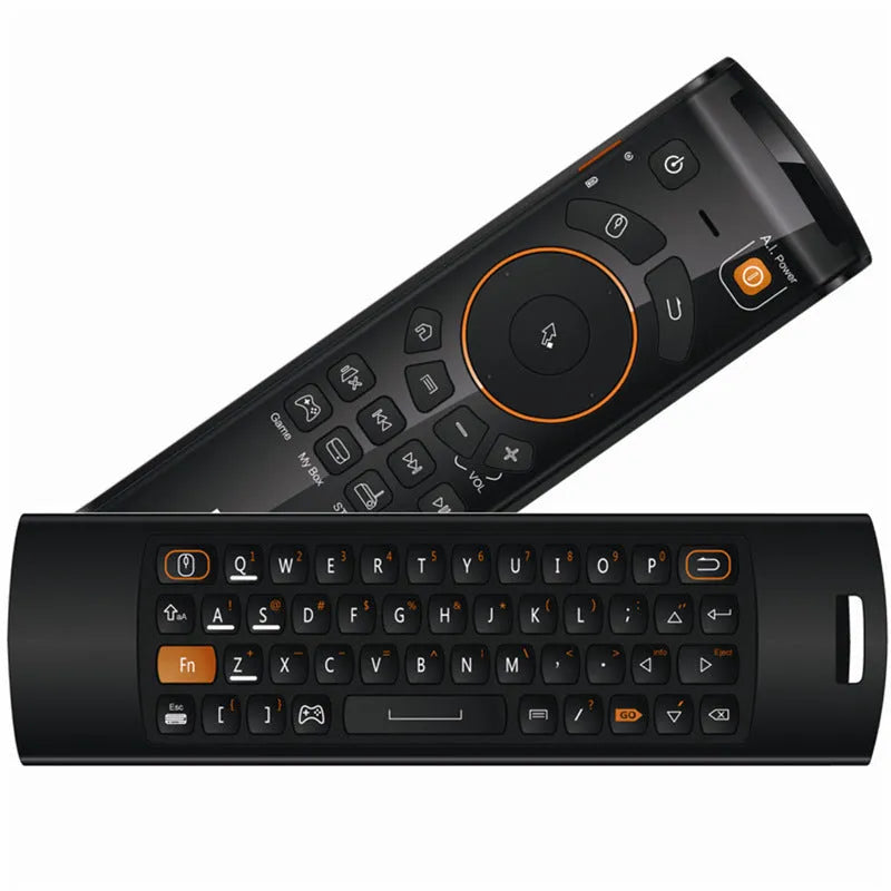 Black Mele F10 Deluxe wireless air mouse remote control with QWERTY keyboard and USB receiver.