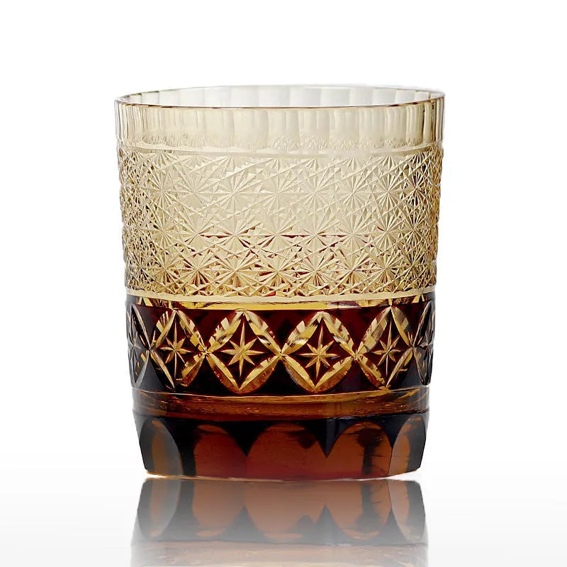 Hand carved crystal whiskey glass in amber colour with Japanese retro style