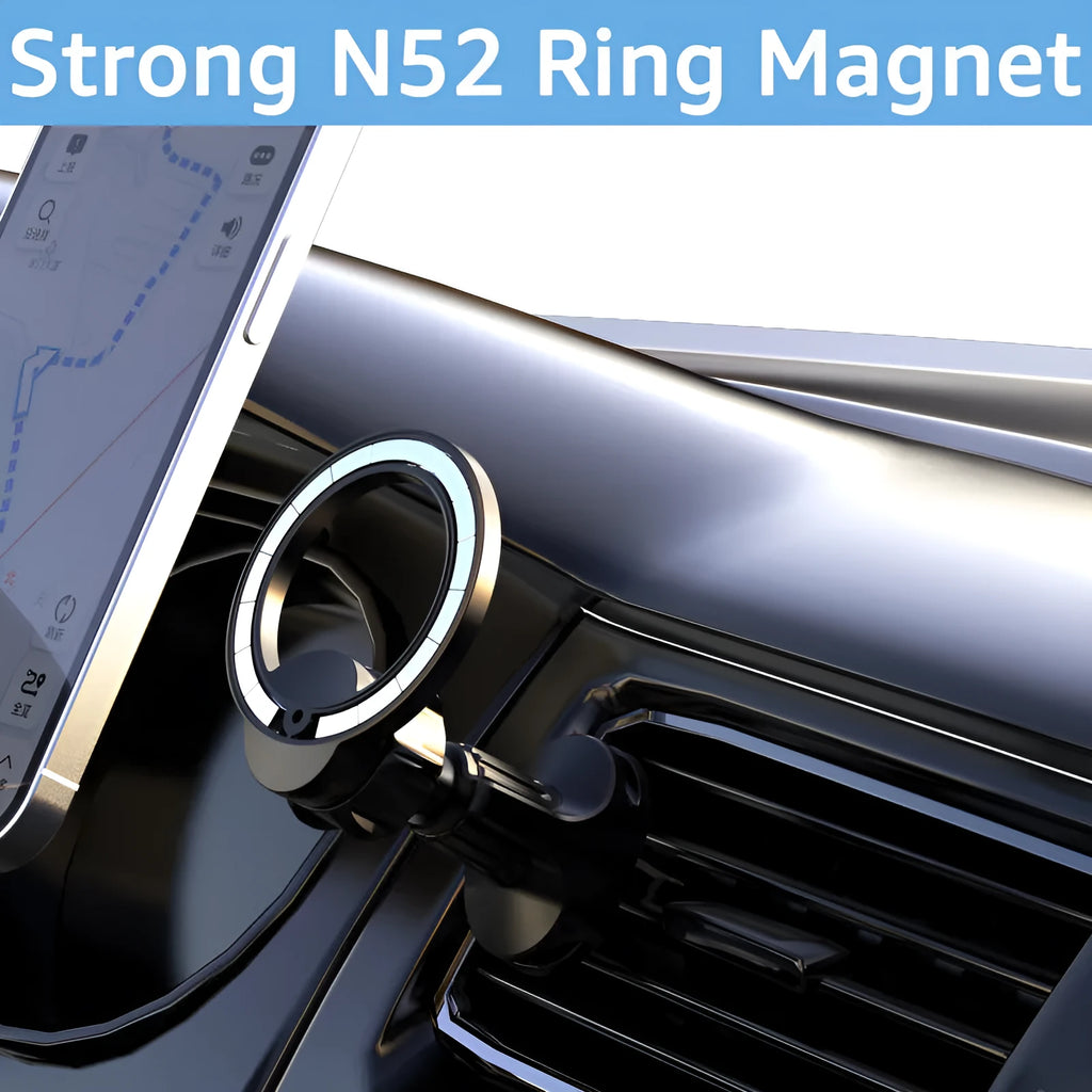 Black magnetic car air vent phone holder with O-ring bracket attached to a car vent.