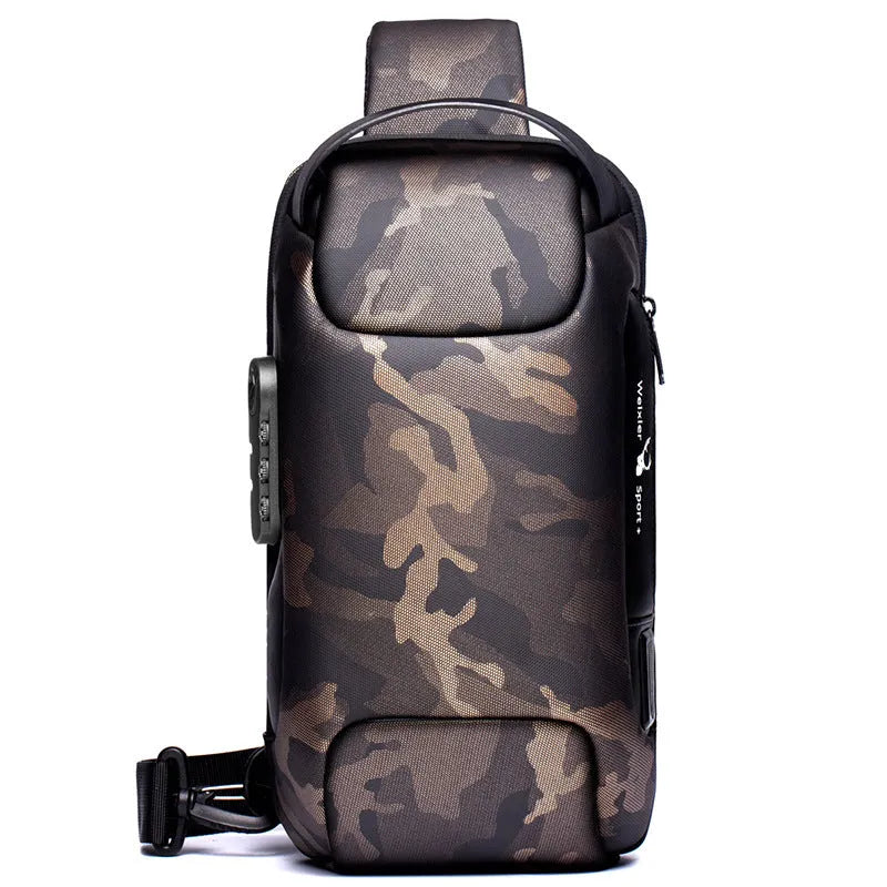 Men's medium canvas chest bag in camouflage colour with zipper and cross-body strap