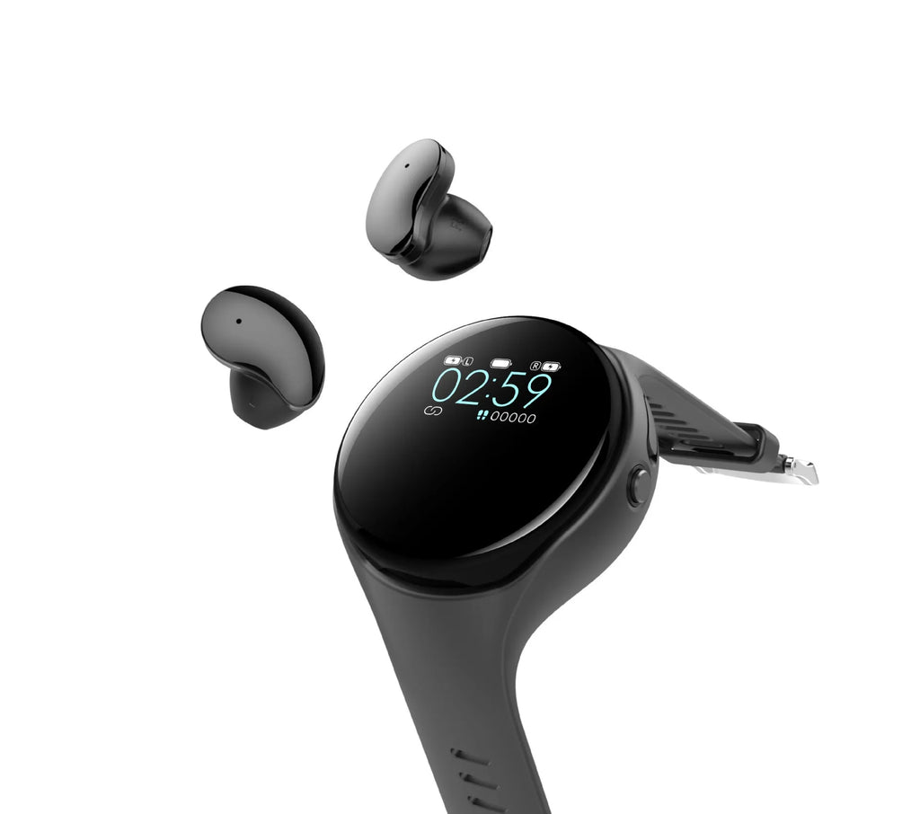 Black detachable smart bracelet and Bluetooth headset combo on a wrist