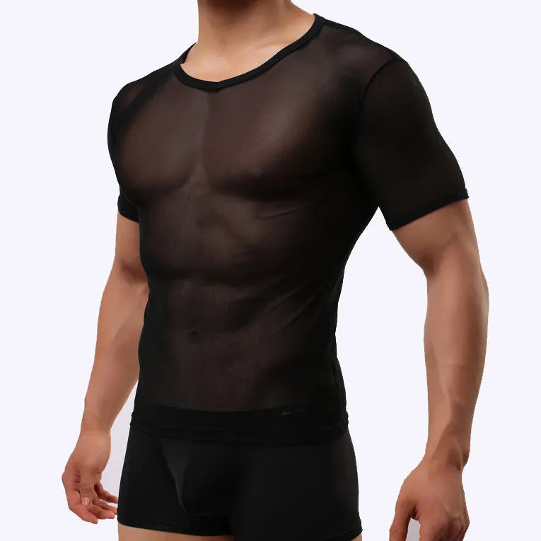 Men's transparent mesh t-shirt in slim fit with short sleeves, shown in solid colour options