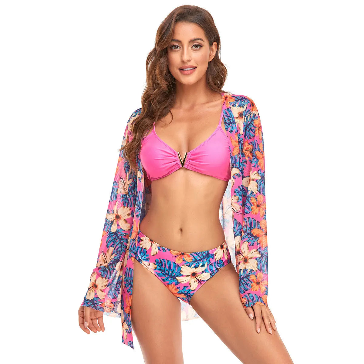 Three-piece V buckle solid colour printing triangle bikini set in polyester available in yellow white pink orange and white flower prints