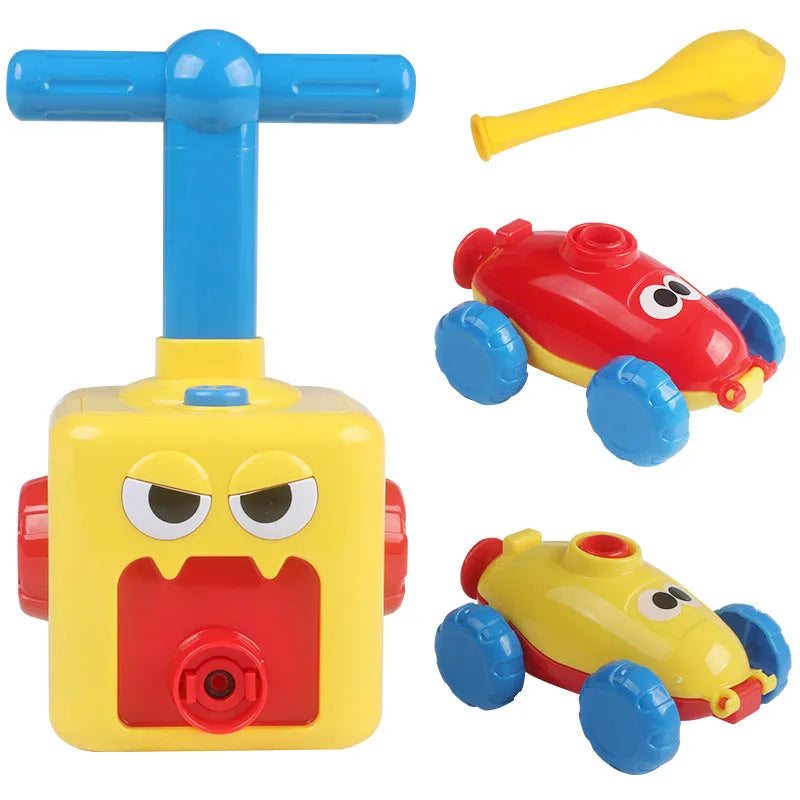 Balloon-powered car toy with inflatable cylinder and trolley, ABS plastic, 11.5x11.5x22.5cm
