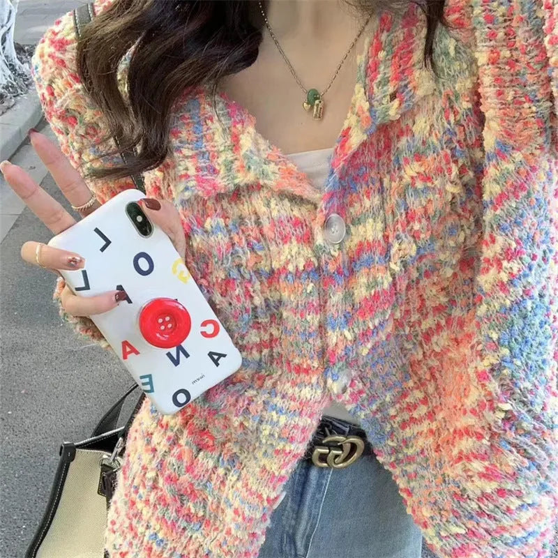 Pink or green slim fit acrylic knitted cardigan sweater with regular sleeves