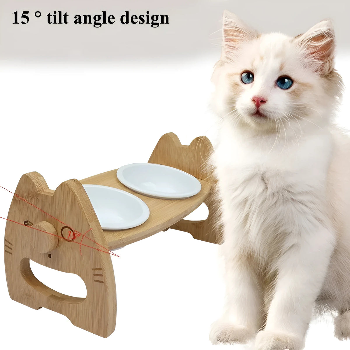 Height-adjustable ceramic double pet bowl on bamboo stand with separate bowls for dogs and cats