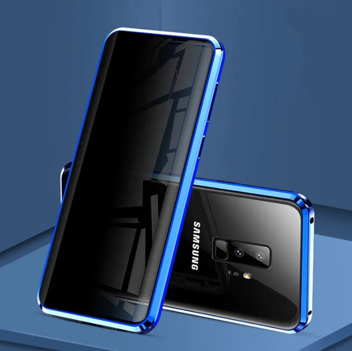 Black anti-peeping magnetic phone case for Samsung Galaxy shown in clamshell open position
