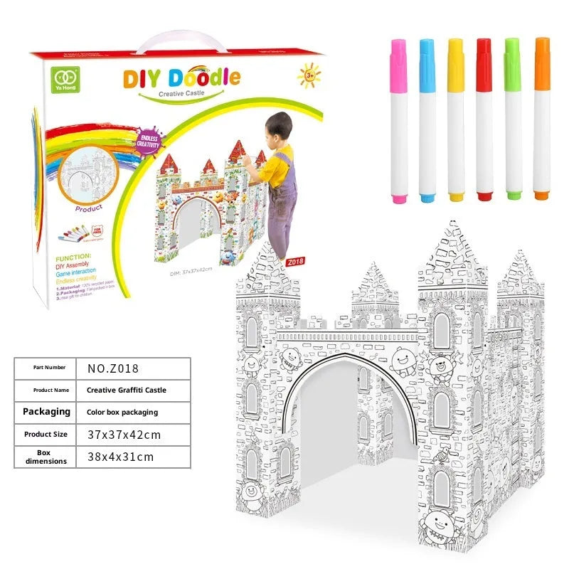 Handmade DIY three-dimensional carton paper model colour filling toy kit with graffiti castle design