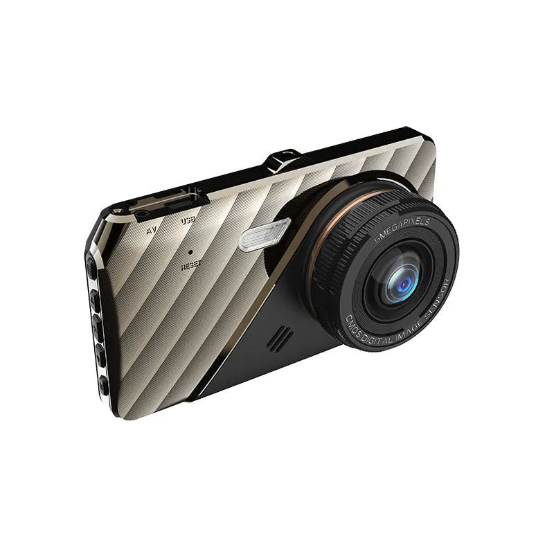 4-inch front and rear dual lens dashcam with touch screen display mounted in vehicle
