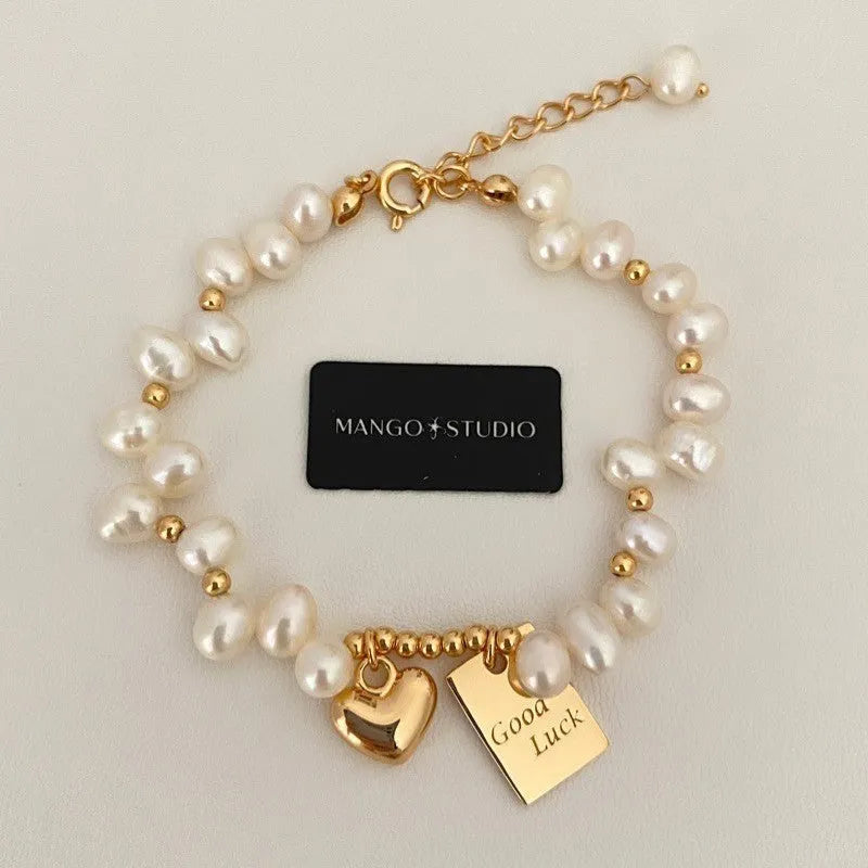 Women's artificial pearl bracelet with lucky square plate and heart charm, electroplated imitation pearl jewellery
