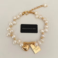 Women's artificial pearl bracelet with lucky square plate and heart charm, electroplated imitation pearl jewellery