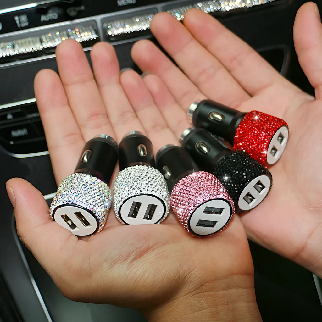 Dual USB car charger with diamond-pattern finish plugged into a car cigarette lighter socket