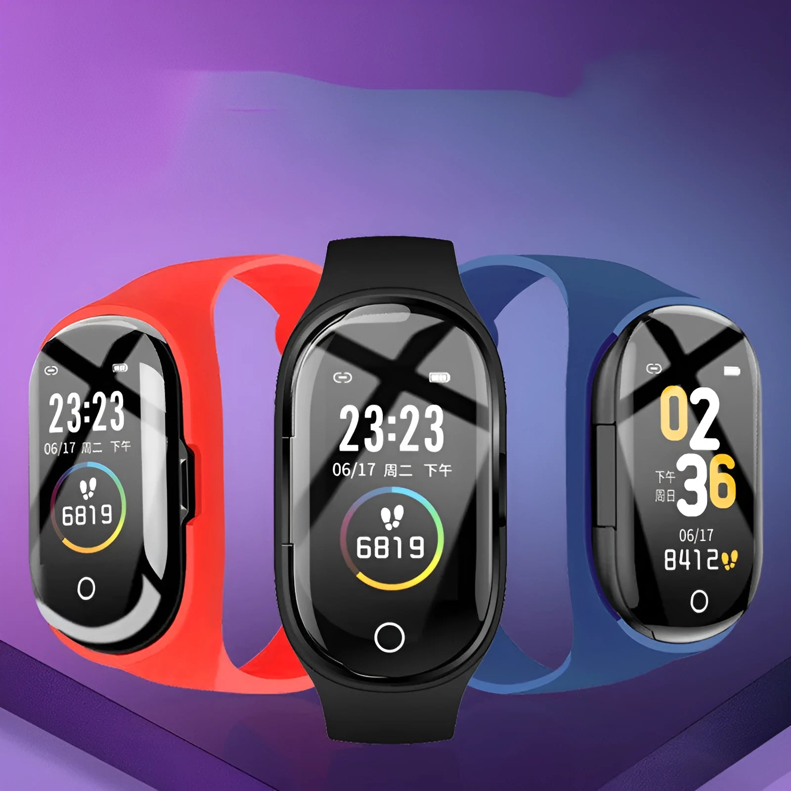 Blue smart bracelet with integrated Bluetooth earphones showing 1 inch display screen on silicone wristband