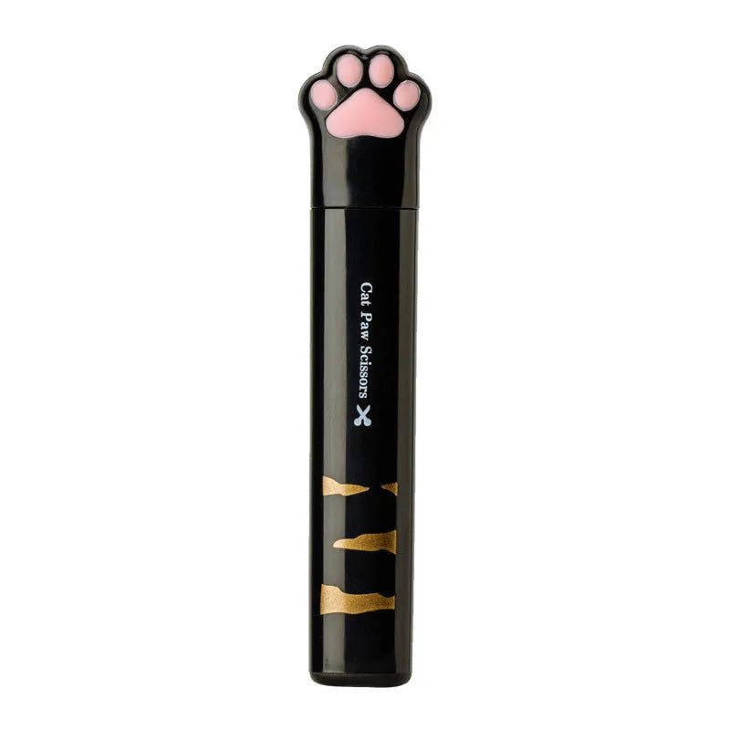 Cat paw mini folding scissors in pink, white, black and blue colours showing compact 8.7 cm size