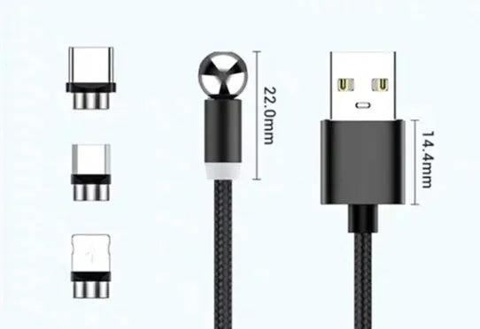 Black magnetic charging cable with spherical aluminium alloy connector on a 1 metre long TPE-coated cable.
