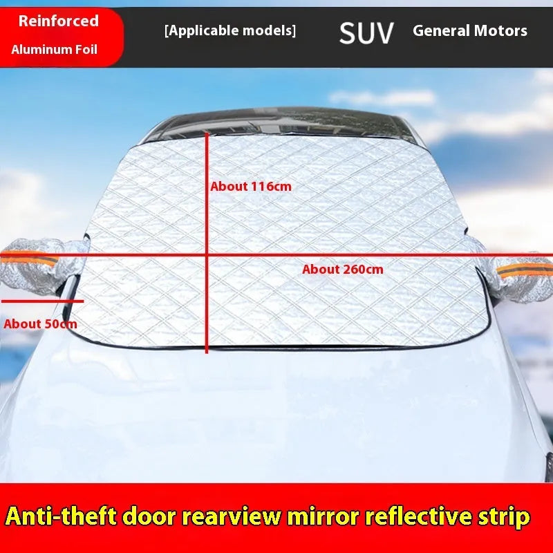 Aluminium foil car windshield cover with magnetic fasteners and reflective stripes for SUV winter protection