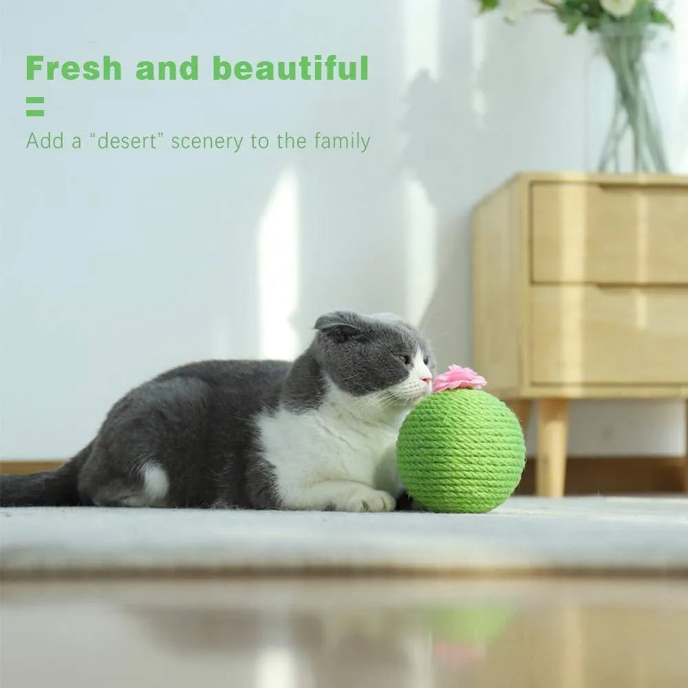 Green cactus-shaped cat scratcher tower with integrated tumbler ball and natural sisal scratching surfaces