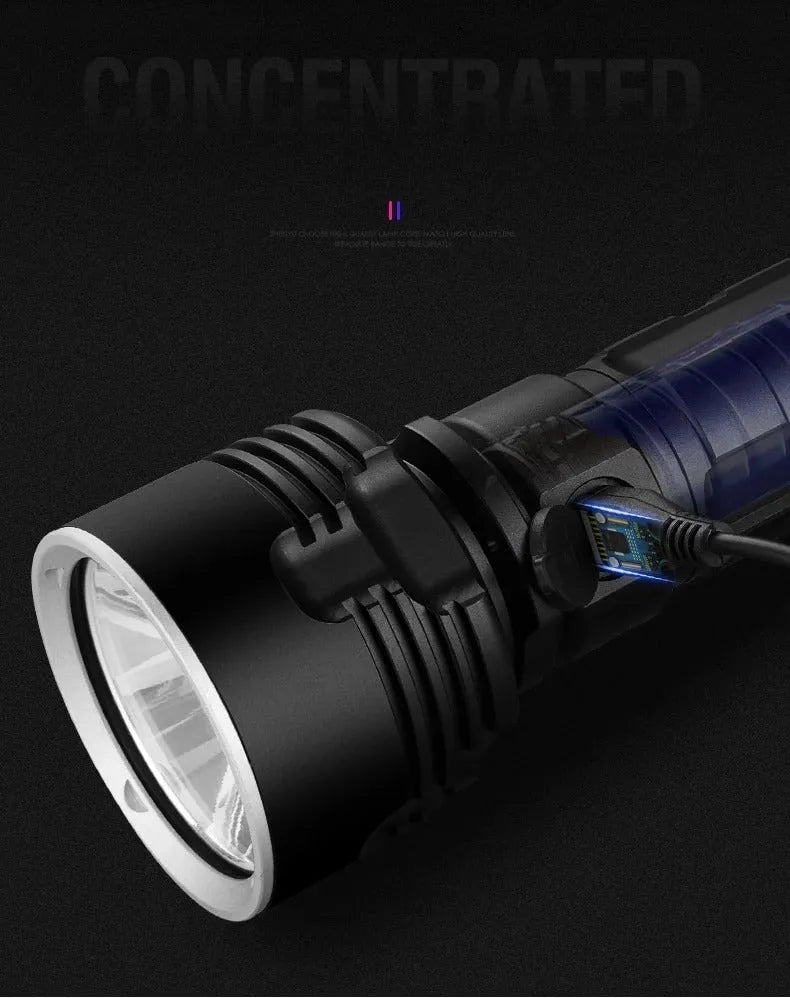 Rechargeable 20W LED torch with aluminium alloy body, focusing beam, 200-500m range, and charger