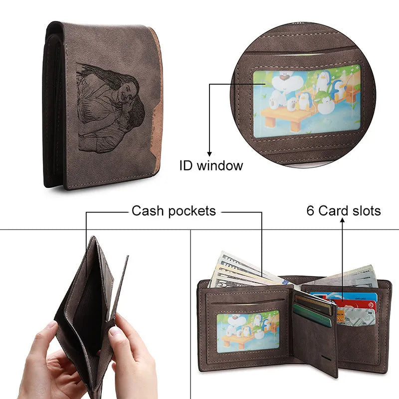 Engraved coffee-coloured PU horizontal wallet showing personalised lettering.