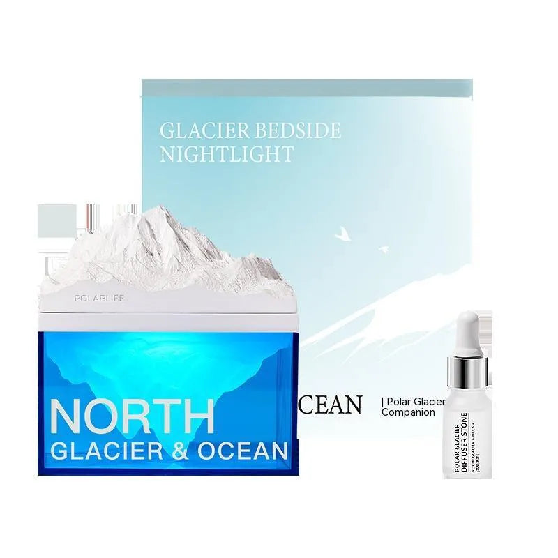 Glacier night light Bluetooth speaker on bedside table with soft ambient glow and compact size 13.8 x 8.5 cm