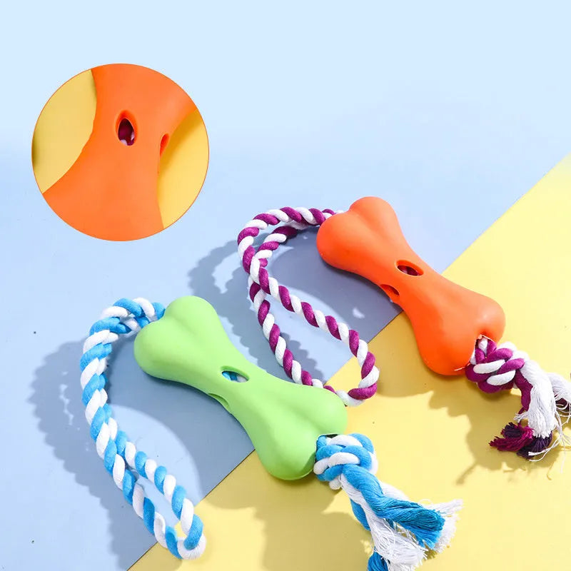 Green porous bone dog toy with knotted rope ends and food cavity for cheese or beef strips
