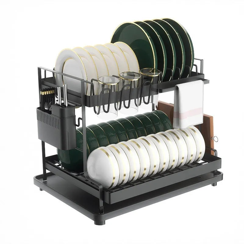 White double-layer kitchen storage rack with removable draining tray on top and a lower storage shelf