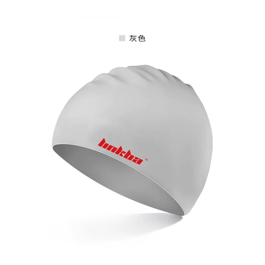 Silicone swimming cap with waterproof earmuffs shown in multiple colour options.