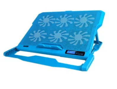 Metal mesh laptop cooling board with integrated fan system showing LCD display with speed control