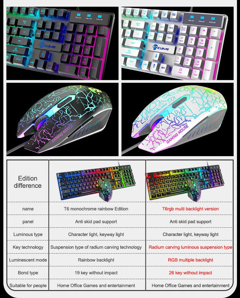 Kuiying T6RGB keyboard and mouse set in White RGB with rainbow lighting, mouse pad and manual, boxed 55 x 15.3 x 5 cm