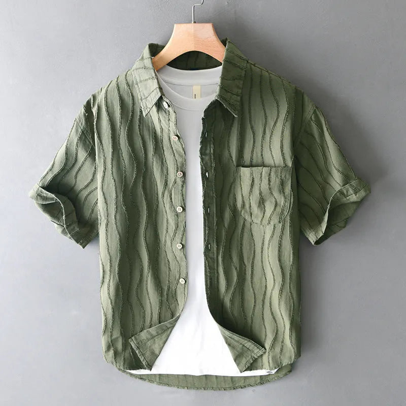 Men's apricot pure cotton loose fit short sleeve casual shirt on a hanger.