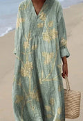 Casual long sleeve shirt dress with a 3D floral print, wide waist, and long skirt.