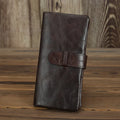 Brown genuine leather women's wallet with multiple card slots and sewing thread detail