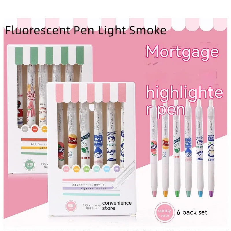 Six fluorescent highlighters in assorted neon colours with oblique tips in a cardboard box