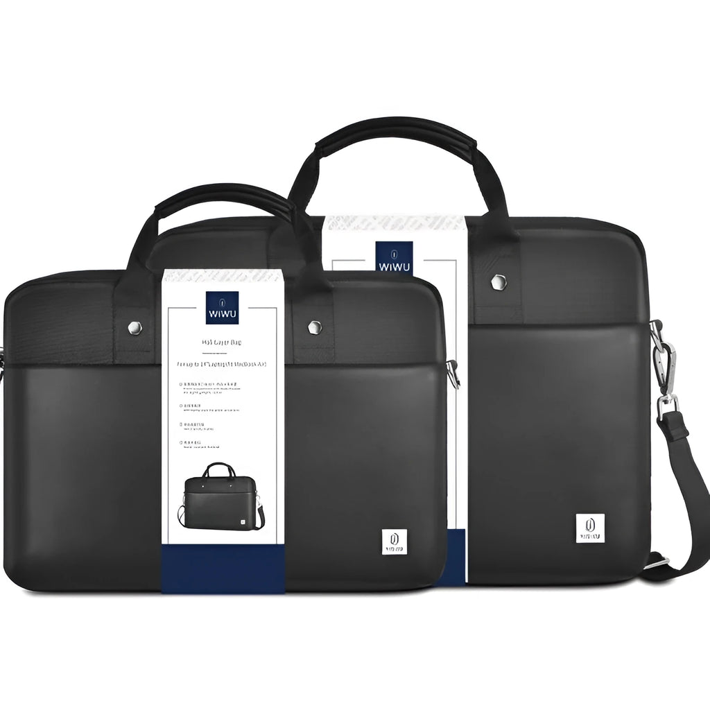 Black oxford cloth laptop handbag showing multiple internal pockets and a lock, suitable for a 14-inch or 15.6-inch computer.