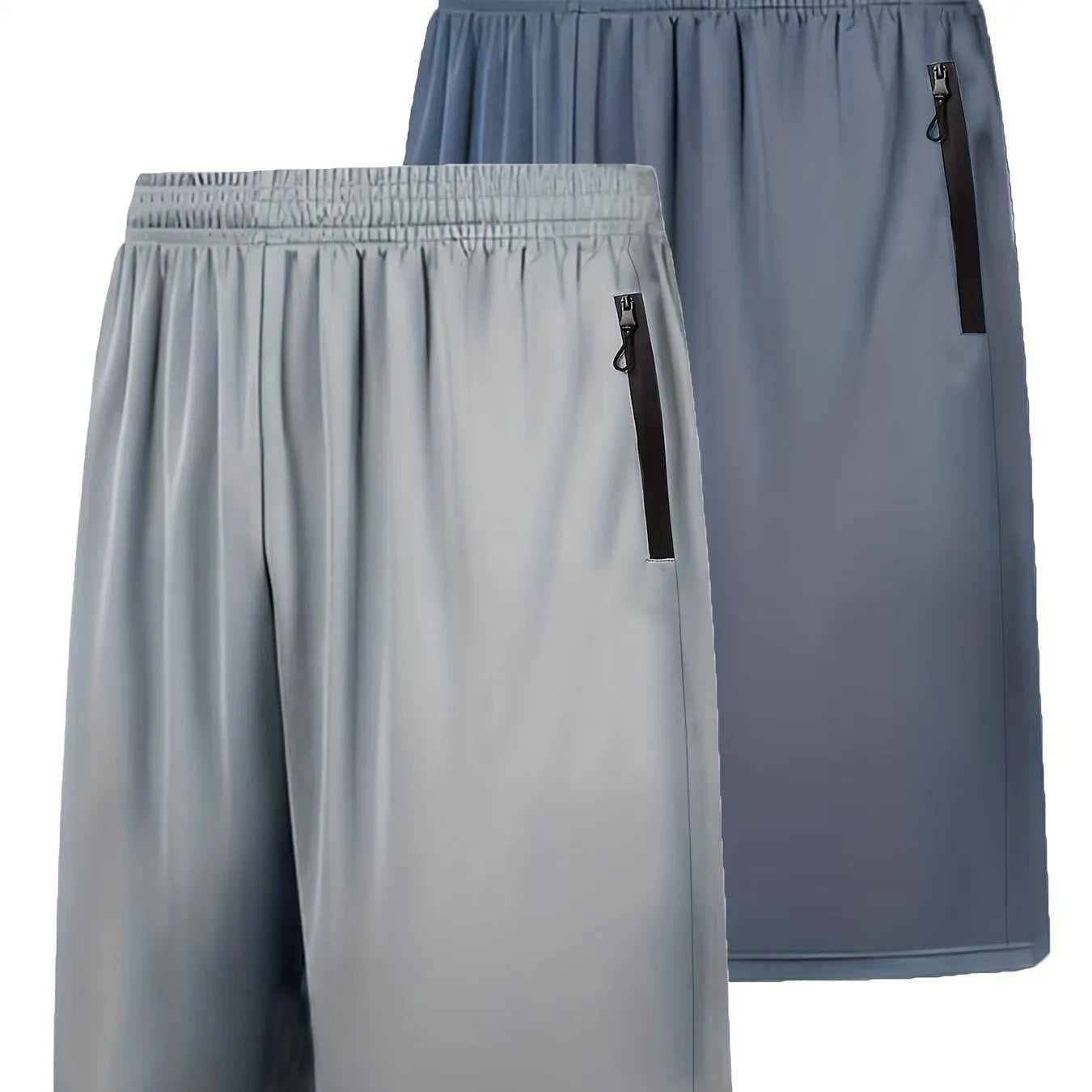 Two quick-drying men's sports shorts with elastic waist belt in dark gray and light gray, polyester fabric