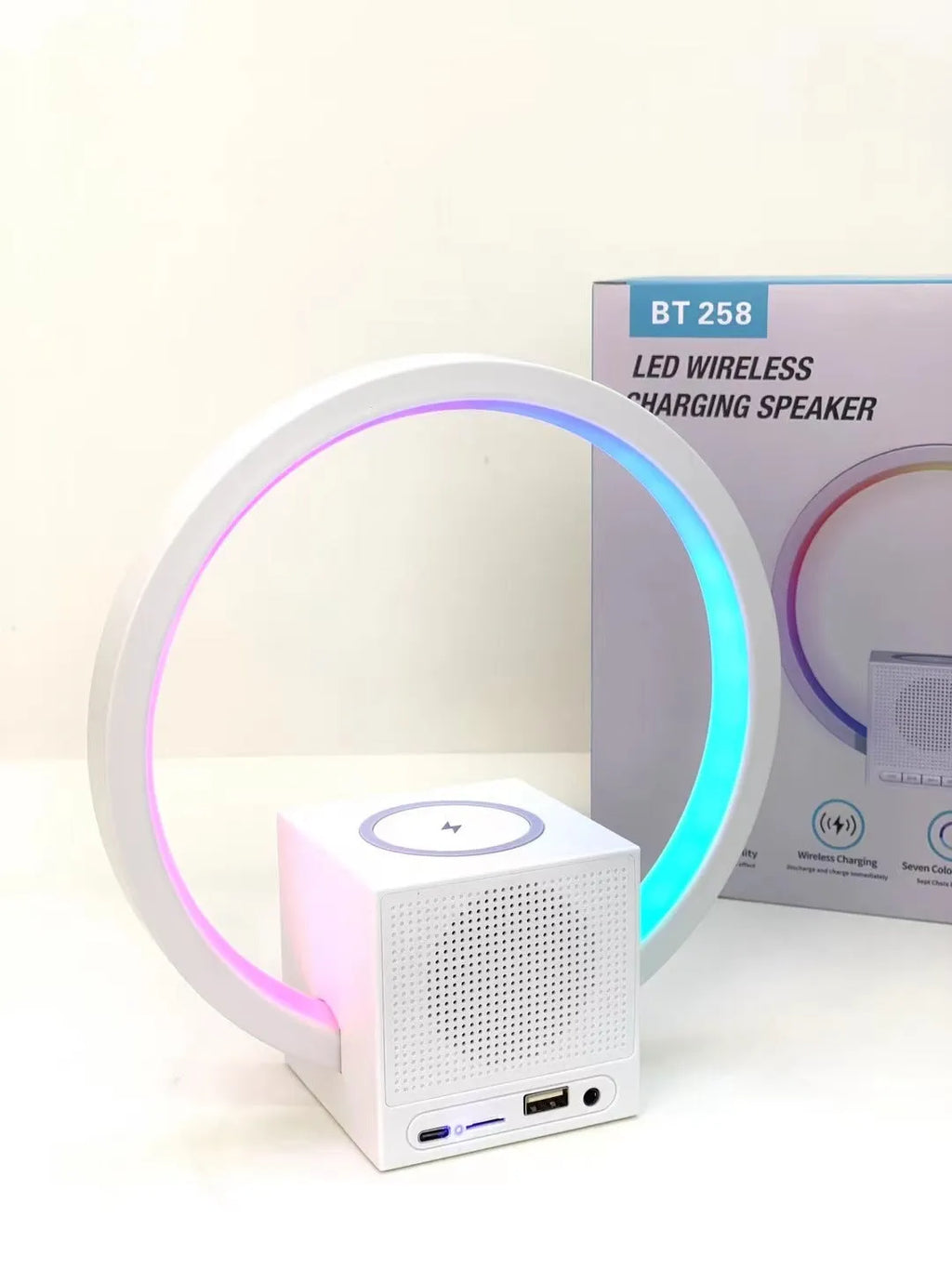 White smart ambience light with Bluetooth speaker, wireless charger, and card insertion, USB powered at 5V
