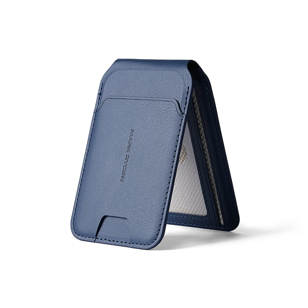 Magnetic phone stand wallet in solid colour with card slots, dark blue finish
