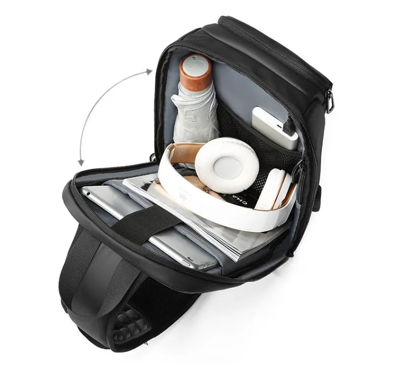Black medium outdoor leisure shoulder bag showing square shape and single air cushion strap
