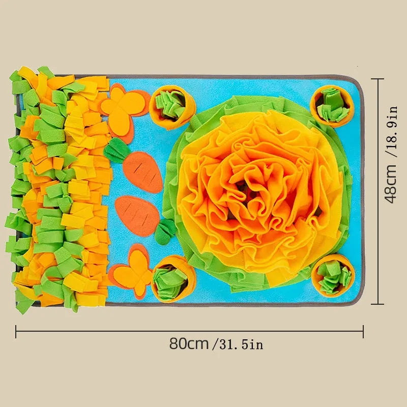 Sunflower design snuffle mat for dogs with hiding pockets and paw-shaped detail on a non-slip base