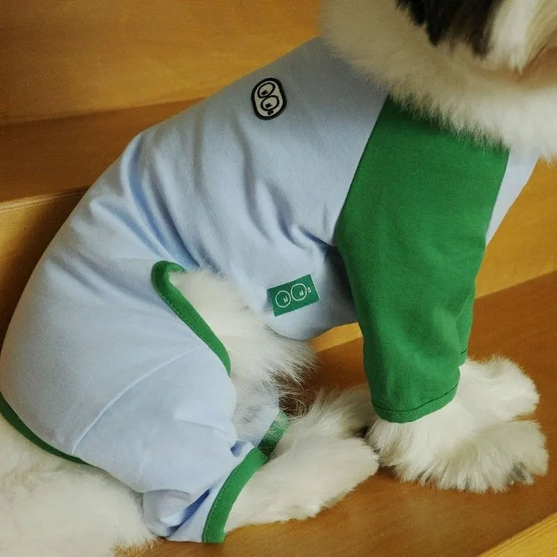 Small dog wearing a blue fleece jumpsuit with green sleeves and a cartoon patch on the chest