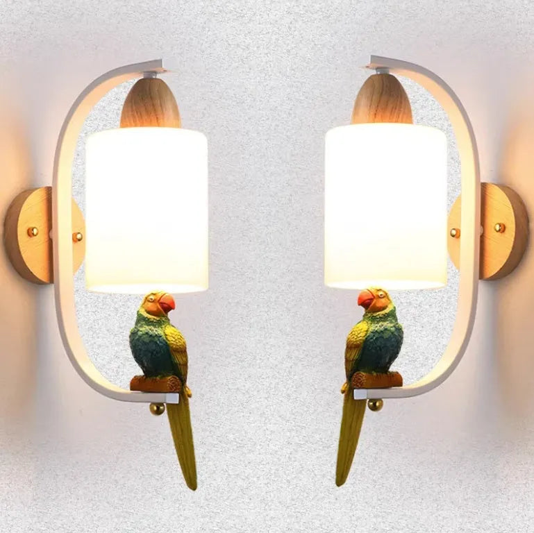 Solid wood and iron wall lamp with glass shade on a wall in a stairway