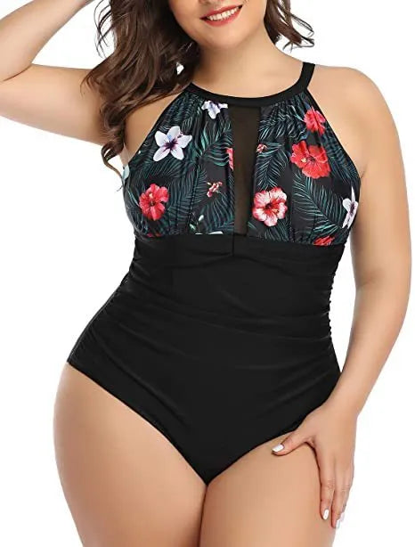 Women's solid colour one-piece swimsuit in polyester lace, shown in Black, Stripes, and Red Flower patterns.