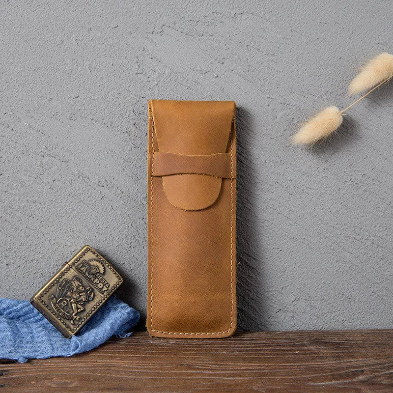 Square vintage pencil case made from Crazy Horse leather measuring 16cm by 6cm