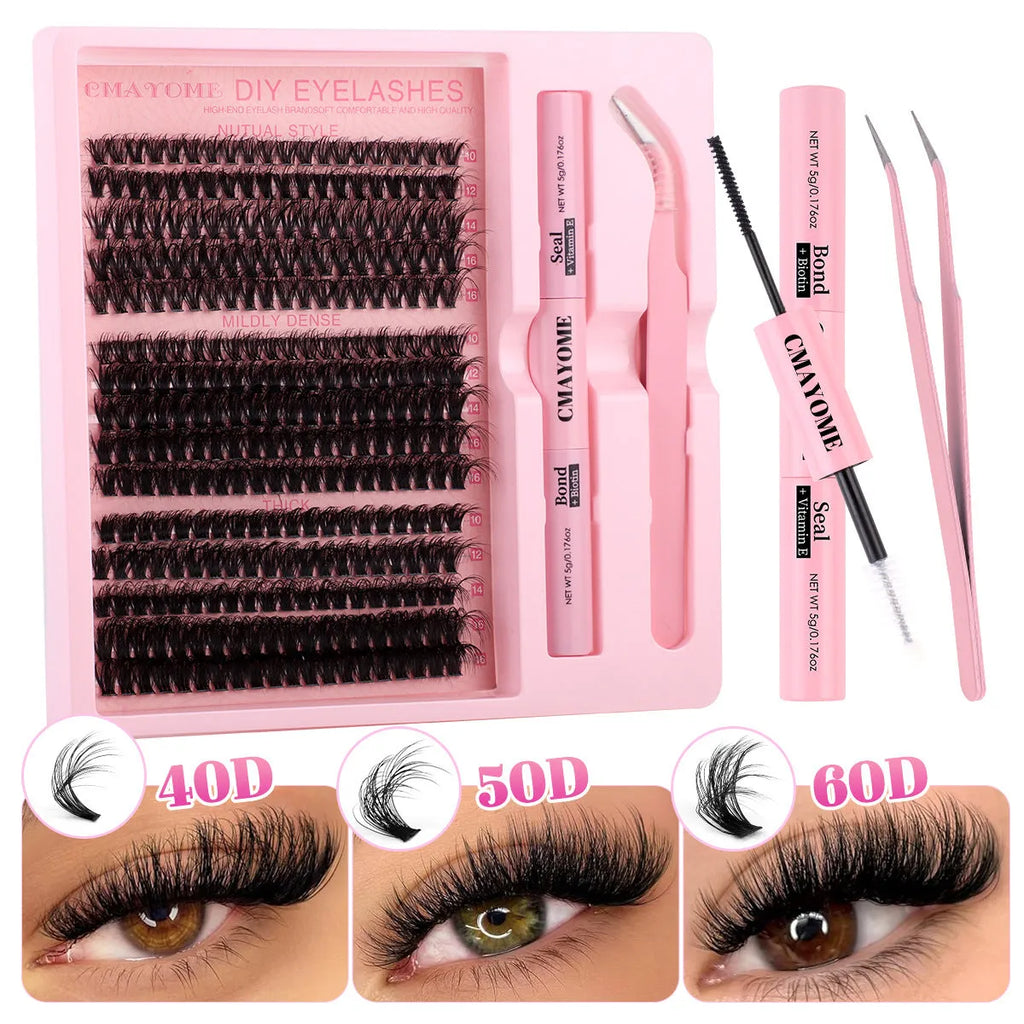 DIY false eyelashes extension kit showing segment cluster lashes and metal tweezers on a white background