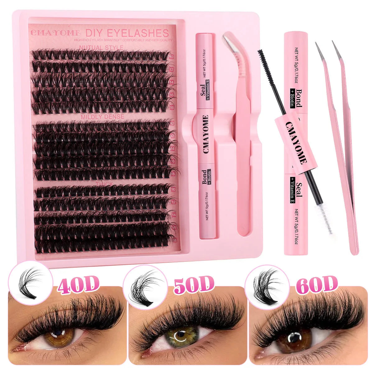 DIY false eyelashes extension kit showing segment cluster lashes and metal tweezers on a white background