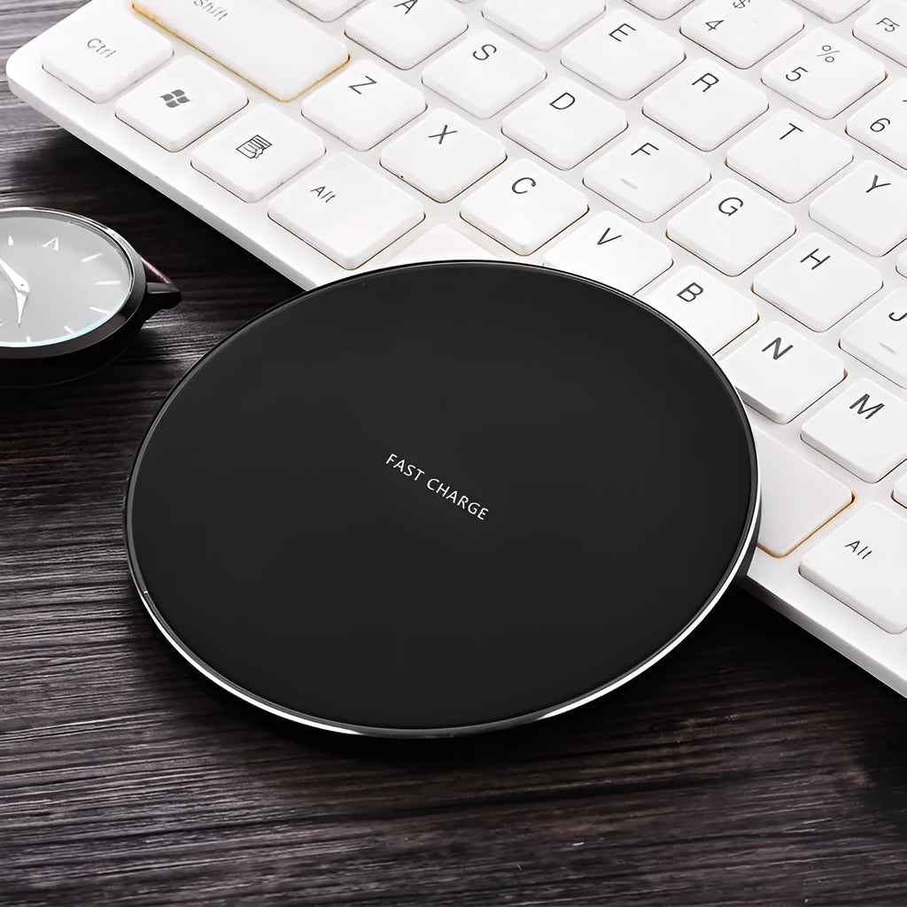 Ultra-thin square wireless charging pad in four colour options showing dimensions
