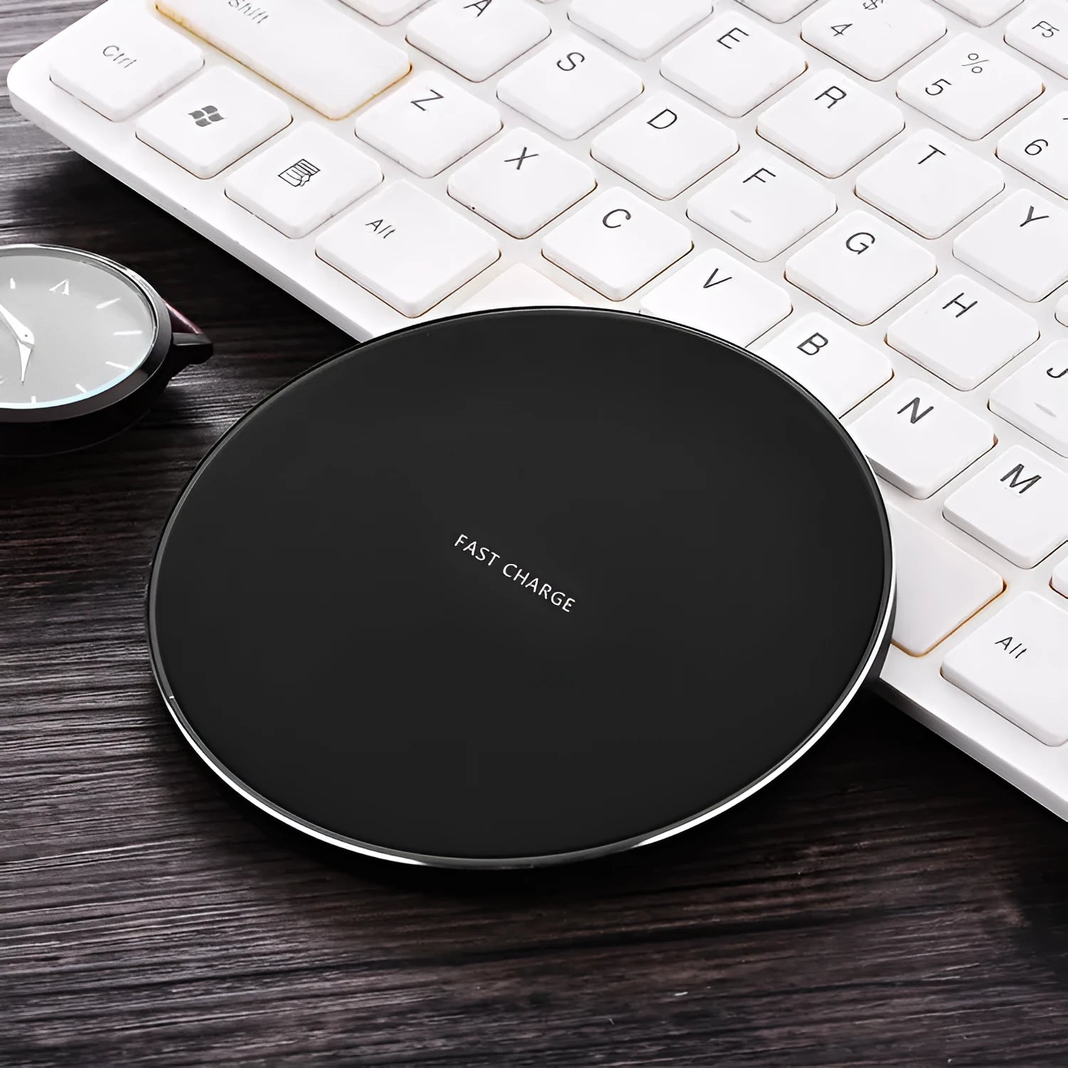 Ultra-thin square wireless charging pad in four colour options showing dimensions