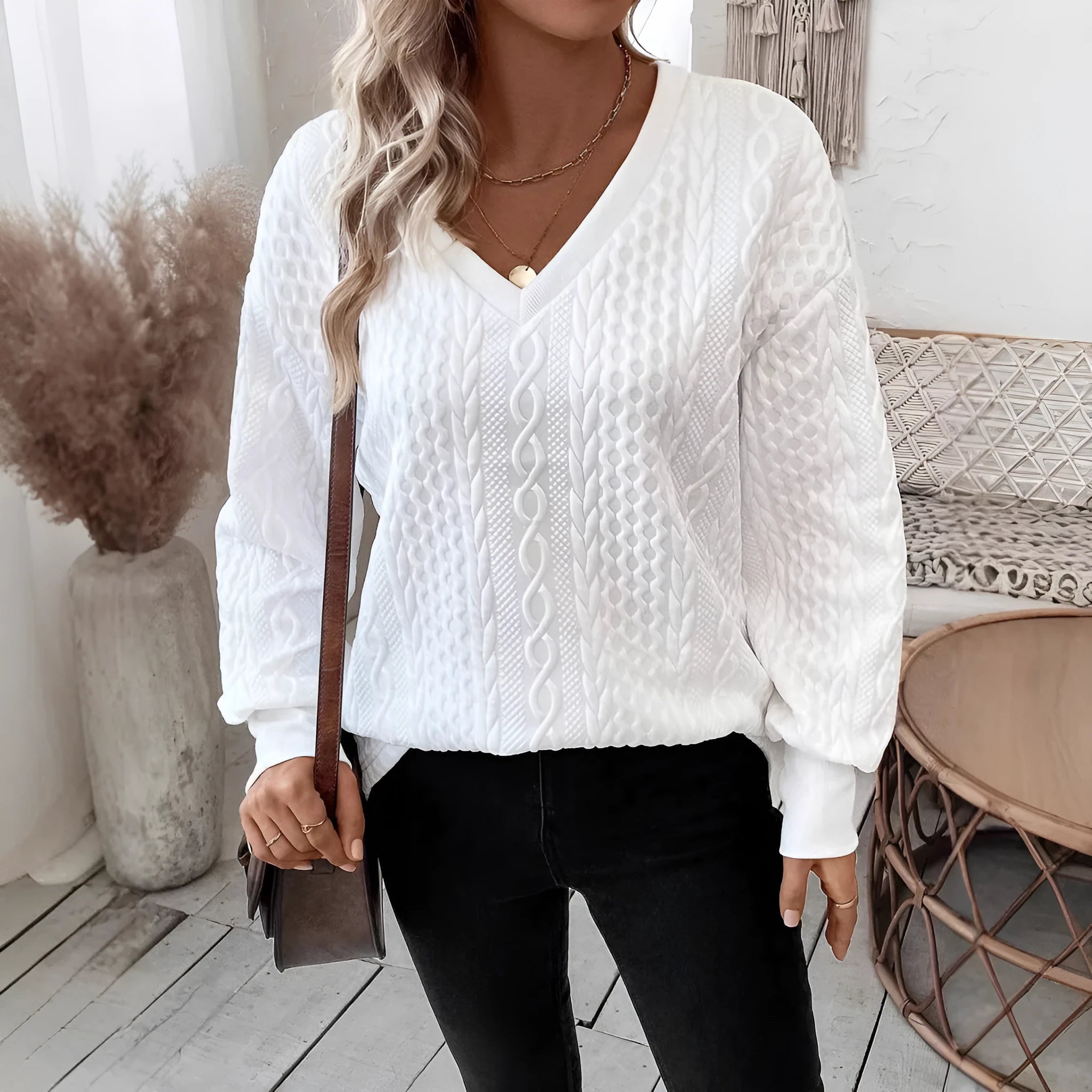 Milky white loose fit long sleeve T-shirt with 3D pattern, Japanese Korean casual style