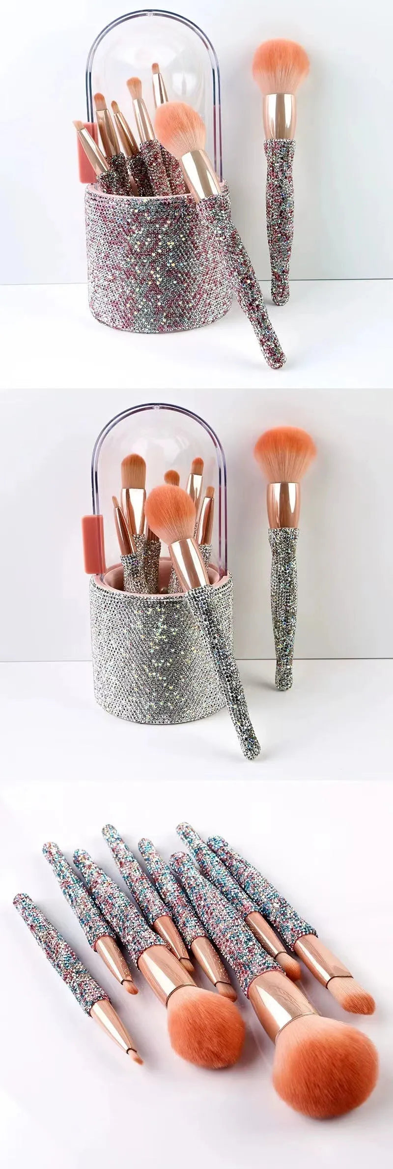 Light luxury diamond-embedded makeup brush set with 8 brushes and storage bucket in white and pink